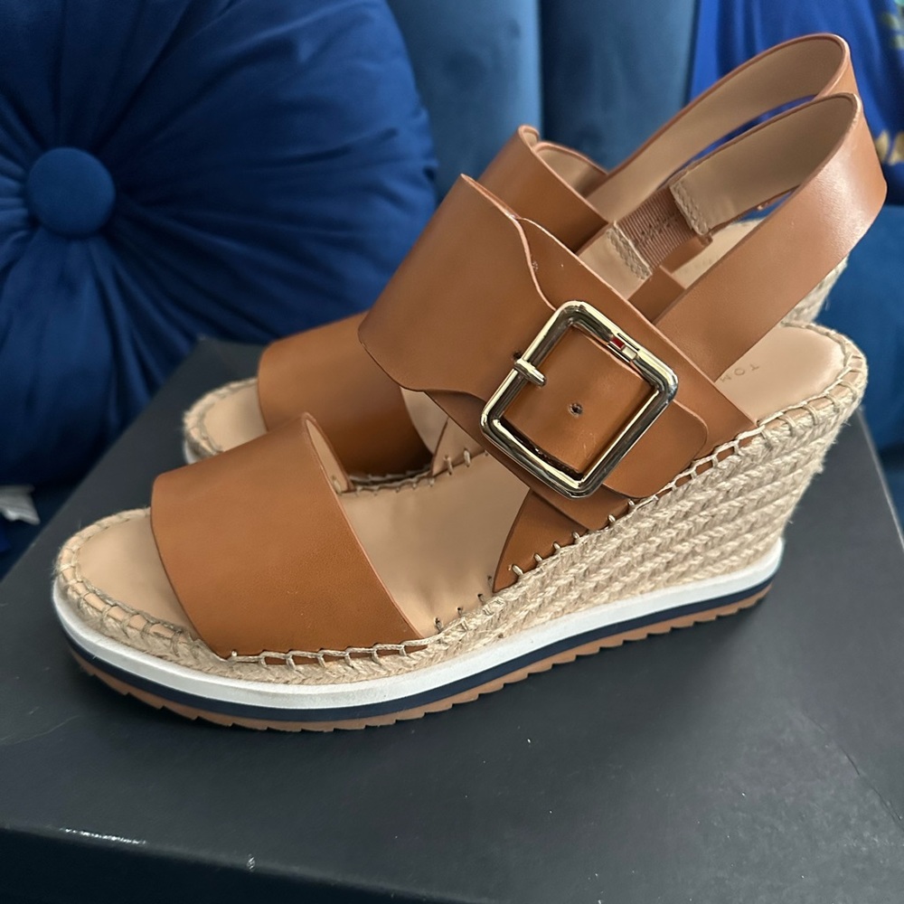Tommy Hilfiger Brown Wedge Sandals with Gold Buckle